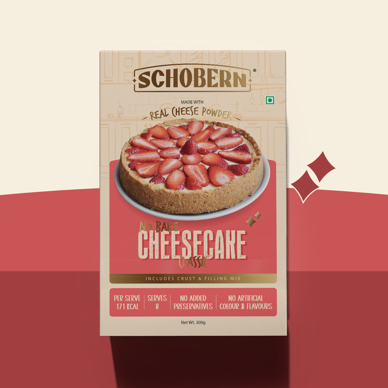 Front view of Schobern No Bake Cheesecake Mix with Real Cheese Powder includes Crust & Filing mix