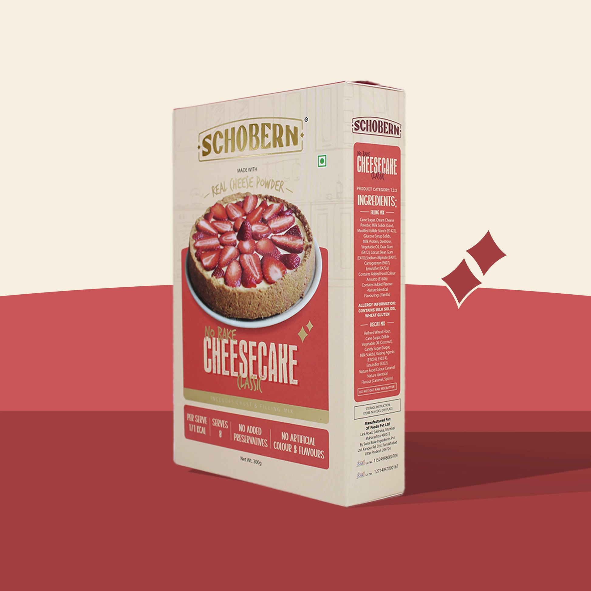 Side view of Schobern No Bake Cheesecake Mix with Real Cheese Powder includes Crust & Filing mix