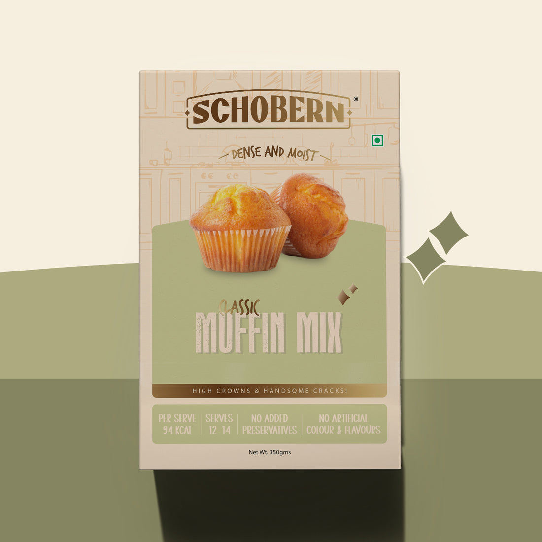 Packaging of Schobernb Classic Muffin Mix with an image of two muffins on the front.