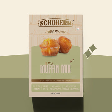 Packaging of Schobernb Classic Muffin Mix with an image of two muffins on the front.